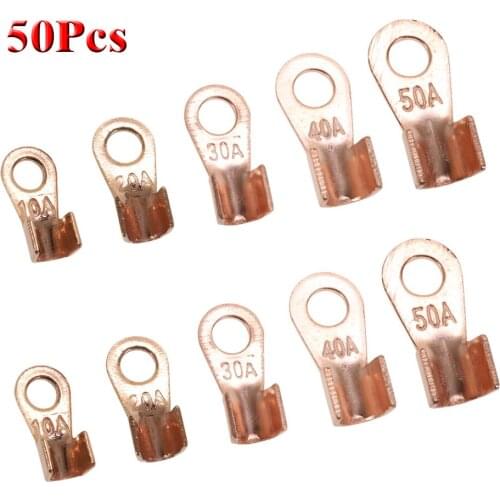 50pcs Naked Battery Cable Connector OT-10A 20A 30A 40A 50A Dia Red Copper Circular Splice Ring Terminal Wire Lugs Terminals