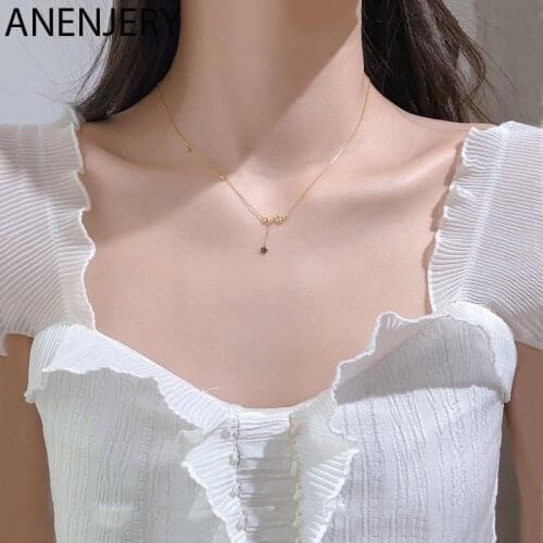 ANENJERY 925 Sterling Silver Delicate Cubic Zircon Star Tassel Pendant Necklace Clavicle Chain Necklace For Women S-N547