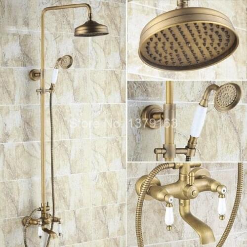 Antique Brass Two Ceramic Handle Bathroom Rain Shower Faucet Set Tub Mixer Tap + 8" Round Rain Shower Head + Handshower ars147