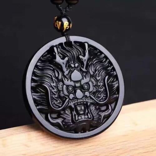 Free shipping Natural Black Obsidian Hand Carved Dragon Head Lucky Amulet Pendant Necklace