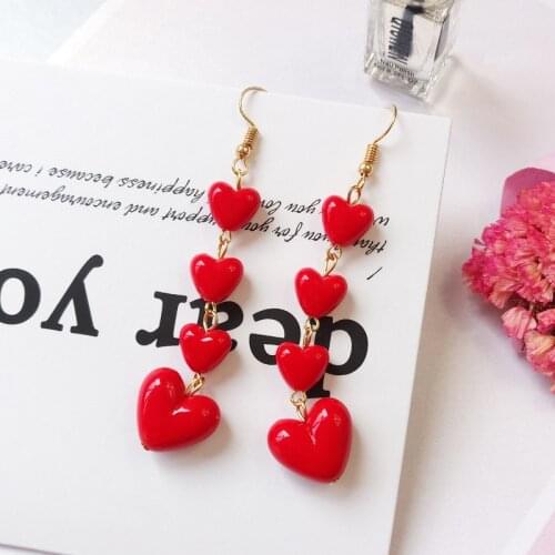 Korean Style Long Tassel Earrings Red Lovely Heart Drop Earrings Women Girls Valentines Day Festival Birthday New Year Gift