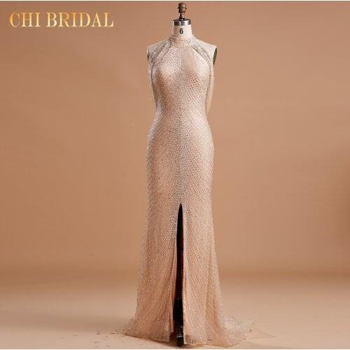 Elegant Beaded Crystal Mermaid Evening Dress Long 2021 Prom Ladies Party Long Banquet Dress Split Long Skirt