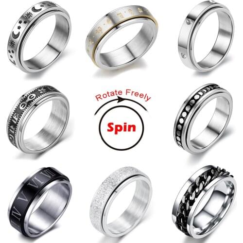 Spinning Spinner Ring For Men Women Anxiety Fidget Rings Stainless Steel Moon Star Roman Numerals Chain Rotating Ring 2021