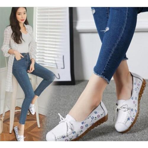 Autumn Genuine real leather women balllet flats ladies casual shoes slip on loafers mother shoes moccasins driving footwear big