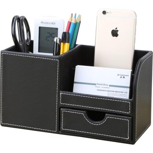 Multi-Functional Desktop Stationery Box Desk Organizer Storage Box Wooden PU Leather Pen Holder Pencil Accessories Case