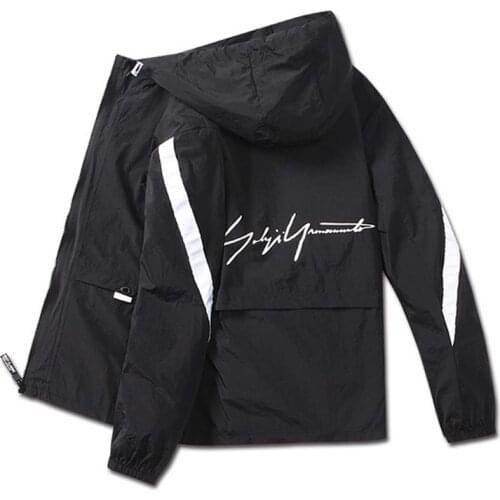 Mens Windbreaker Hooded Jacket Lightweight Casual Zip-up Bomber Coat Letter