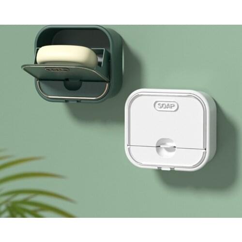 Wall Mounted Flip Lid Soap Dishes Bathroom Soap Rack Sponge Holder No Drilling Soap Storage Holder for Bathroom Kitchen