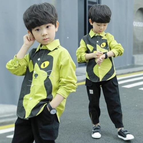 Teens Clothes Boy Shirt Full Print Cat Cartoon Long Sleeved Cotton Childrens Clothing Shirt for Kids Boys Tops