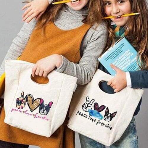 Peace Love Bulldog Portable Lunch Bag Thermal Insulated Bento Box Tote Cooler Dinner Container School Food Storage Pouch for Kid