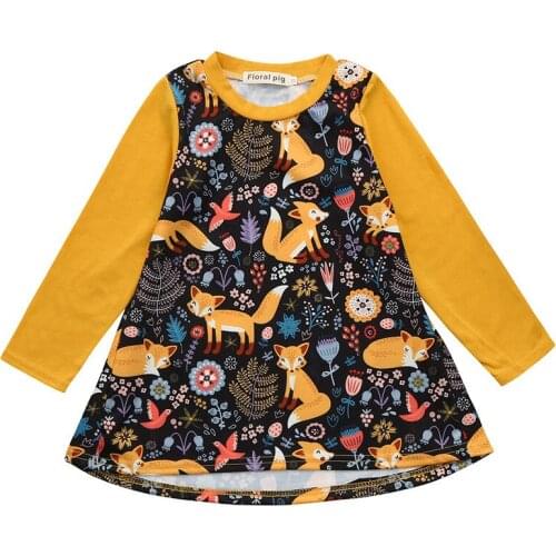 Girls Dress Autumn Long Sleeve O Neck Dresses Toddler Kids Baby Girls Cartoon Fox Print Sun Dress Clothes Outfits Bimba #l