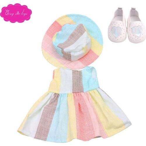 18 inch Girls doll dress Summer print dress + hat with shoes American newborn skirt toys fit 43 cm baby dolls c216