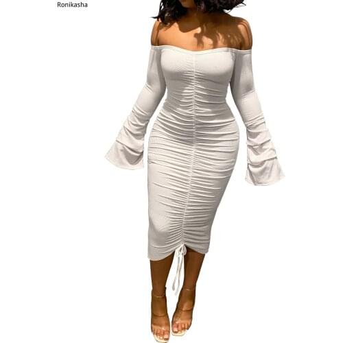Ronikasha Women Sexy Bodycon Midi Dress Long Sleeve Off Shoulder Flare Sleeve Pleated Stacked Drawsting Spring Dresses
