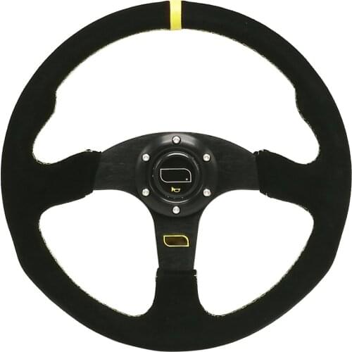 OM* Racing Steering Wheel 14inch 345mm Universal Black Suede Leather Car Steering Wheel Sport With Yellow Sewing Line