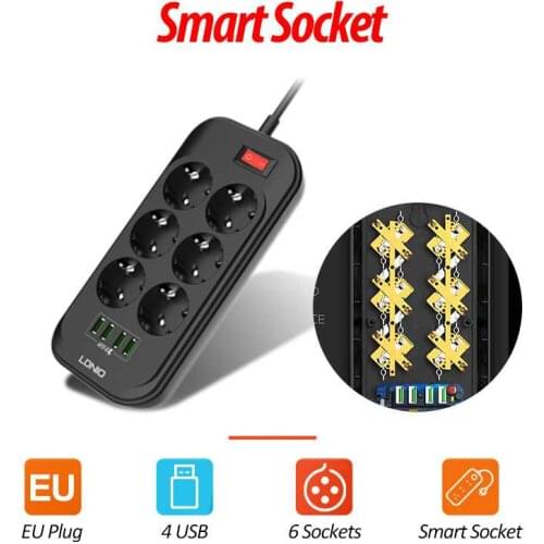 LDNIO EU Plug 3.4A 4 USB Electrical Socket Smart Extension Power Strip Charger Adapter 6 Outlet Surge Protection Switch Home