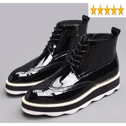 Pointed British Winter Patent Leather Toe Mens Ankle Shoes Fashion Platform Height Increasing Lace Up Brogue Boots Men 38-43