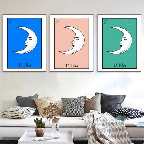 Oteria La Luna Vintage Posters and Prints Crescent Moon Wall Art Canvas Painting Antique Moon Face Retro Mexican Folk Art Decor