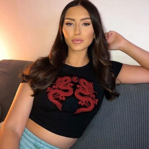 Women Short Sleeve Dragon Print T-shirt Summer Fashion Crop Top for Shopping Daily Wear