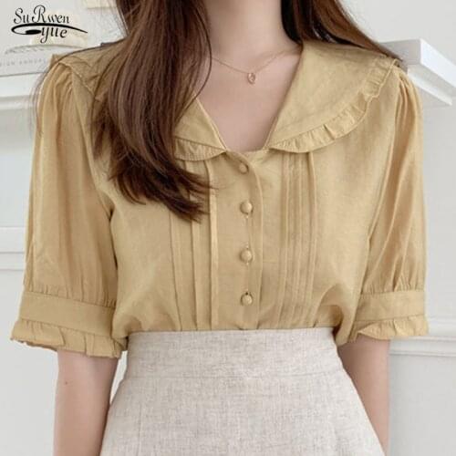 Blusas Women Tops Blouse Ruffles Blouse 2021 Summer Shirt Button Preppy Style New Peter Pan Colla Elegant Women Clothing 10103