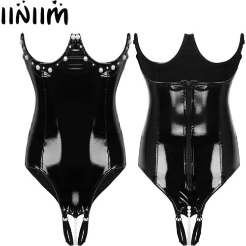 Womens Wetlook Costumes Leather Strapless Exotic Lingerie Bodycon Bare Breast Crotchless with Pearl Underwired Evening Bodysuit