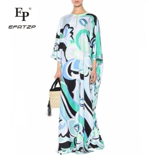 New Fahion 2018 Luxury Maxi Dress Womens 3/4 sleeve elegant Bule Geometry Print XXL Stretch Jersey Silk Spandex Long Dress