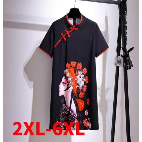 Plus Size Dress Women Summer Large Size Chinese Style Short Sleeve Loose Print Mini Dress 2XL-6XL