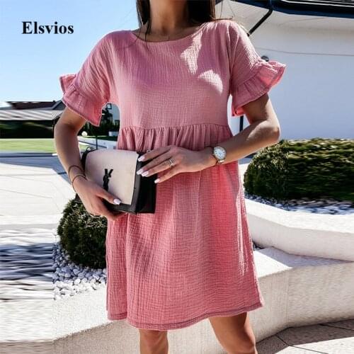 2021 Summer Casual Solid Simple Mini Dress Elegant Women O-Neck Party Dresses Fashion Butterfly Sleeve Loose Beach Dress Vestido