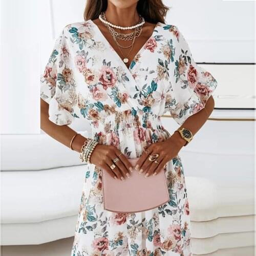 Autumn 2021 Casual Elastic Waist A-Line Dress Fashion Floral Print Sexy V-Neck Party Dress Lady Elegant Short Sleeve Loose Dress