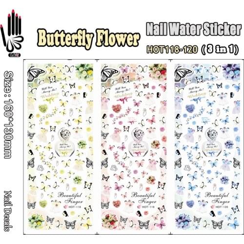 3 Sheets/Lot Art Nail HOT118-120 Butterfly Flower Nail Art Wrap Water Sticker for Nail Art Decoration (3 DESIGNS IN 1)