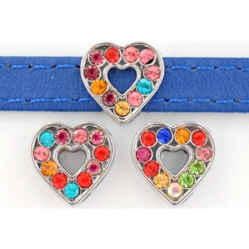 8mm Hole Colorful Rhinestone Heart Slide Charms Slide Beads DIY 8mm Hole Bracelets Wristbands,Belt Straps Pet Name Collar