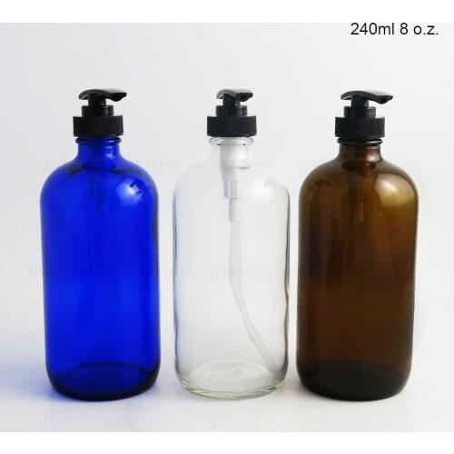 8oz Blue Amber Clear Glass Boston Pump Bottles for Lotions Liquid Soap Aromatherapy and Large 240ml Empty Round Container