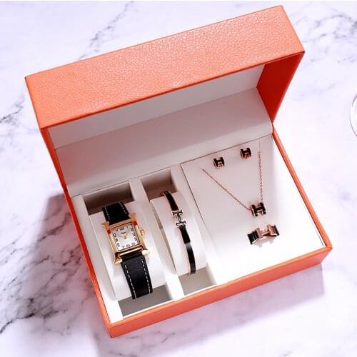 Luxury Fashion Stylish Watch for Women 2020 Square H Shape Leather Wrist Watches Bracelet Necklace Jewelry Casual Lady Gift Set
