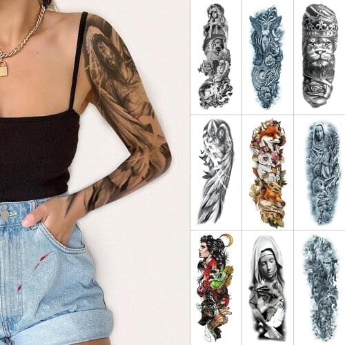 Black full arm temporary tattoo sticker lion nun flower large tattoo for Men and women arms thigh Waterproof fake tattoo