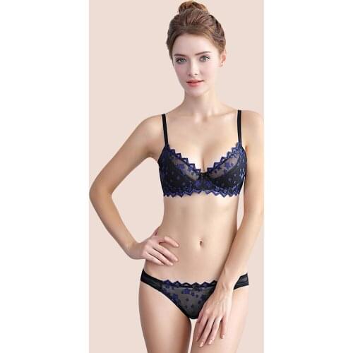 Ladies Ultra-thin Bra Set Cotton Pad Transparent Embroidered Mesh Gauze Underwear Adjustable Straps Push Up Bra Underwear Set
