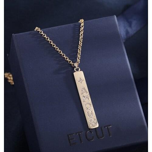 Korean Version Net Red Temperament Gold Letter Rectangular Micro Inlaid Zircon 14K Necklace Fashion Pendant