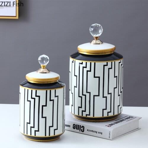 Creative Black and White Pattern Ceramic Storage Jar Crystal Lid Desktop Decoration Candy Nut Storage Jar Crafts Home Decoration