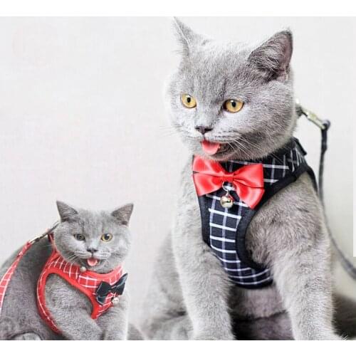 Fashion Pink Cat Harness And Leash Set Escape Proof Cat Harness Leash Black Grid Cat Vest Harness With Bow Bell Supplies Cat