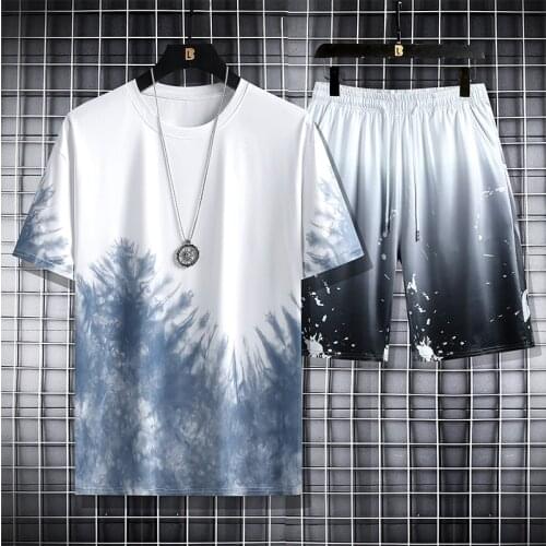 Fashion Mens Sets Short Sleeve T-shirt + Shorts 2 Pieces Suit Male Summer Sportswear Casual Sweatsuit Track Shorts Men Clothing