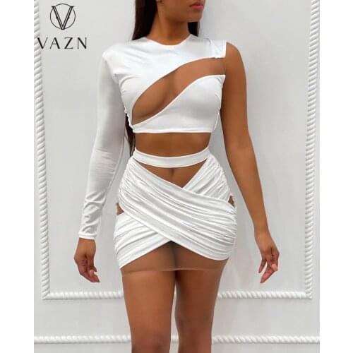 VAZN 2021 New Arrival Sexy Beach Set One Shoulder Backless Top Mini Skirts High Waist Skinny Women 2 Piece Set