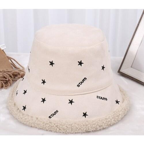 Deerskin Fleece Fisherman Hat Womens Embroidered Lamb Feece Basin Cap Winter Student Outdoor Warm Bucket 56—58cm