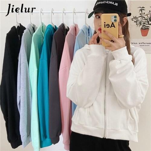 Jielur 2020 Chic Zipper Female Sweatshirt Hooded Pullovers Soild Color Hoodies Autumn Loose Harajuku Women Tracksuit White M-2XL