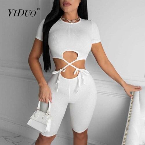YiDuo 2020 Short Sleeve Sexy Bandage Playsuit Summer Women Streetwear Outfits Casual Skinny Black White Hollow Out Romper Body