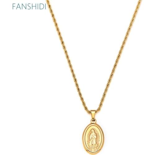 FANSHIDI 100% Stainless Steel Virgin Mary Pendant Coin Necklace Women Gold Color Twist Chain Religious Jewelry