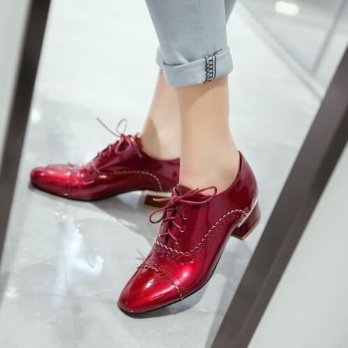 2017 New Sale Plus big Small size 32-46 Women shoes lace up Square Toe Patent Leather Spring Autumn Casual shoes Brogue b-4