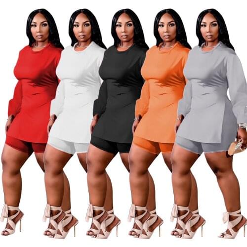Big Plus Size 5XL 2 Piece Sets Tracksuits Women Long Sleeves Split T Shirt with Biker Shorts Femme Two Pieces Outfits