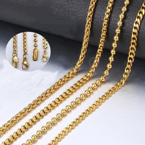 Womens Mens Stainless Steel Necklace Gold Color 3MM Bead Ball Box Braided Wheat Curb Cuban Link Chain Wholesale Jewelry LKN463