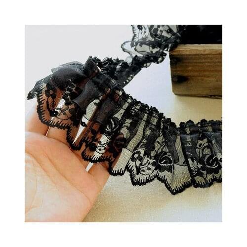 2meters Cute 6CM wide Wavelet Pleated Mesh Yarn Fold Black Lace Trims dress hair accessories boots bag Lolita decoration