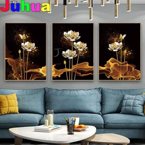 Diamond Mosaic Golden Lotus 3 piece Diamond Paintings Full square Round Resin diy Drill Triptych diamond coloring Art Home Decor