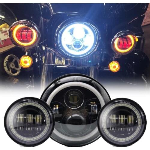 7 Inch Motorcycle LED Headlight 4-1/2" 4.5 LED Auxiliary Fog Lights Halo DRL Red Demon Amber Turn Signal Passing Lamp for Harley