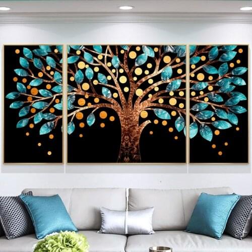 Abstract Blue Yellow Tree Oil Painting on Canvas Luxury Posters and Prints Wall Art Picture for Living Room Modern Home Decor