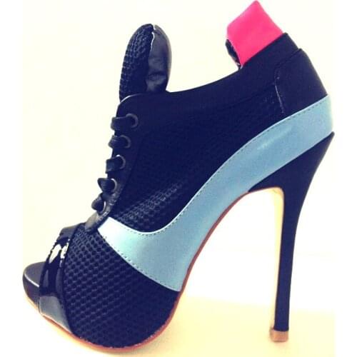 Mixed Colors Mesh Patchwork Ankle Boots Thin High Heels Female Gladiator Peep toe Lace up Sandals Boots Women Platform Botties